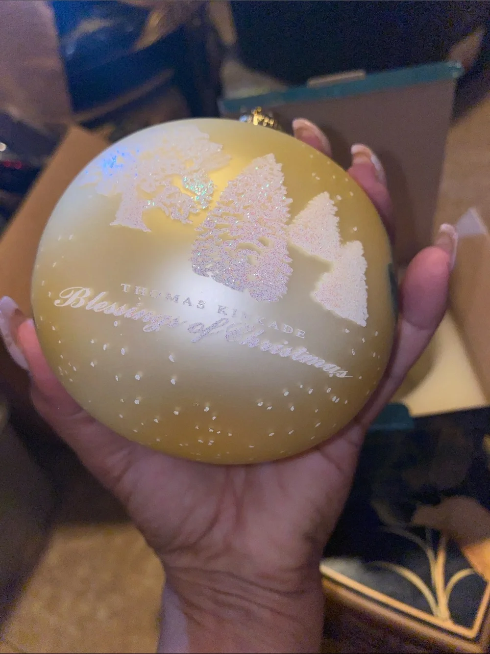 Vint Thomas Kinkade Blessings of Christmas Gold and Blue Winter House Ornament